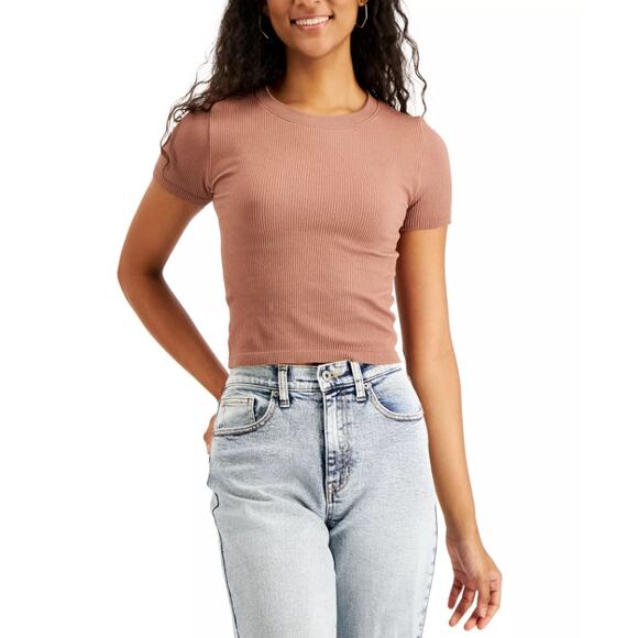 Hippie Rose Ribbed Cropped Tee Shirt Womens L Dusty Rose Stretch Short Sleeve - Picture 1 of 6